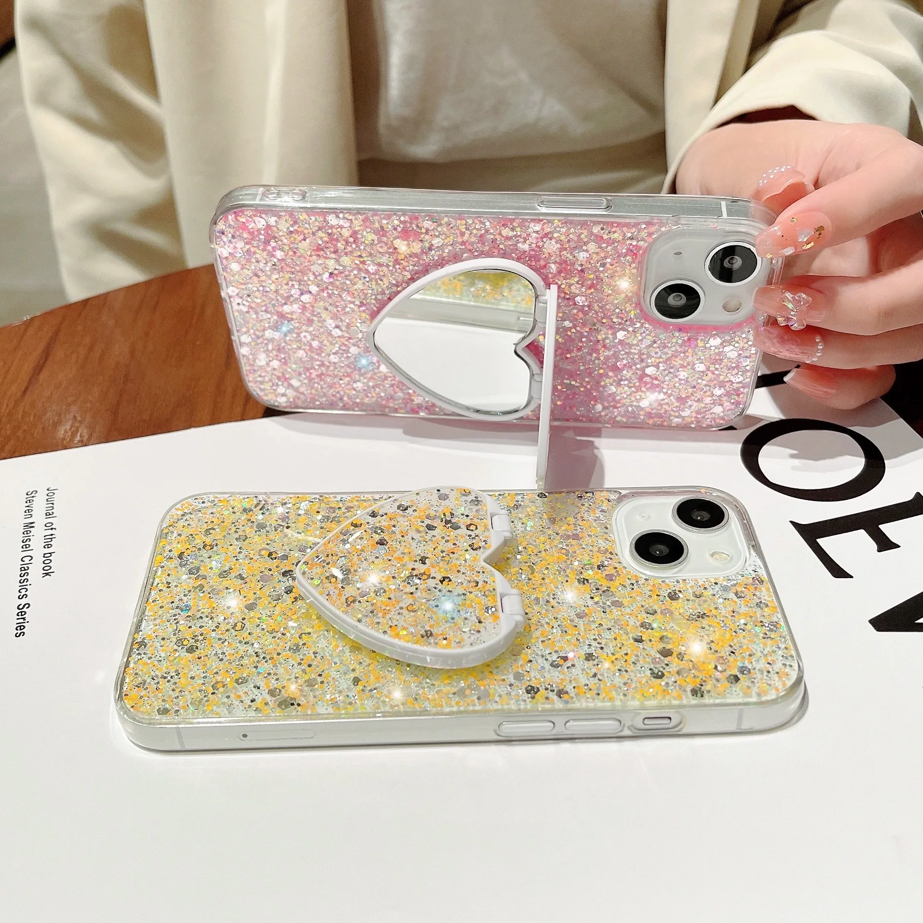 

Luxury Glitter Love Stand Makeup Mirror Case for iPhone 13 11 12 Pro MAX Mini XS X XR 6 7 8Plus SE Shock Resistant Soft Silicone