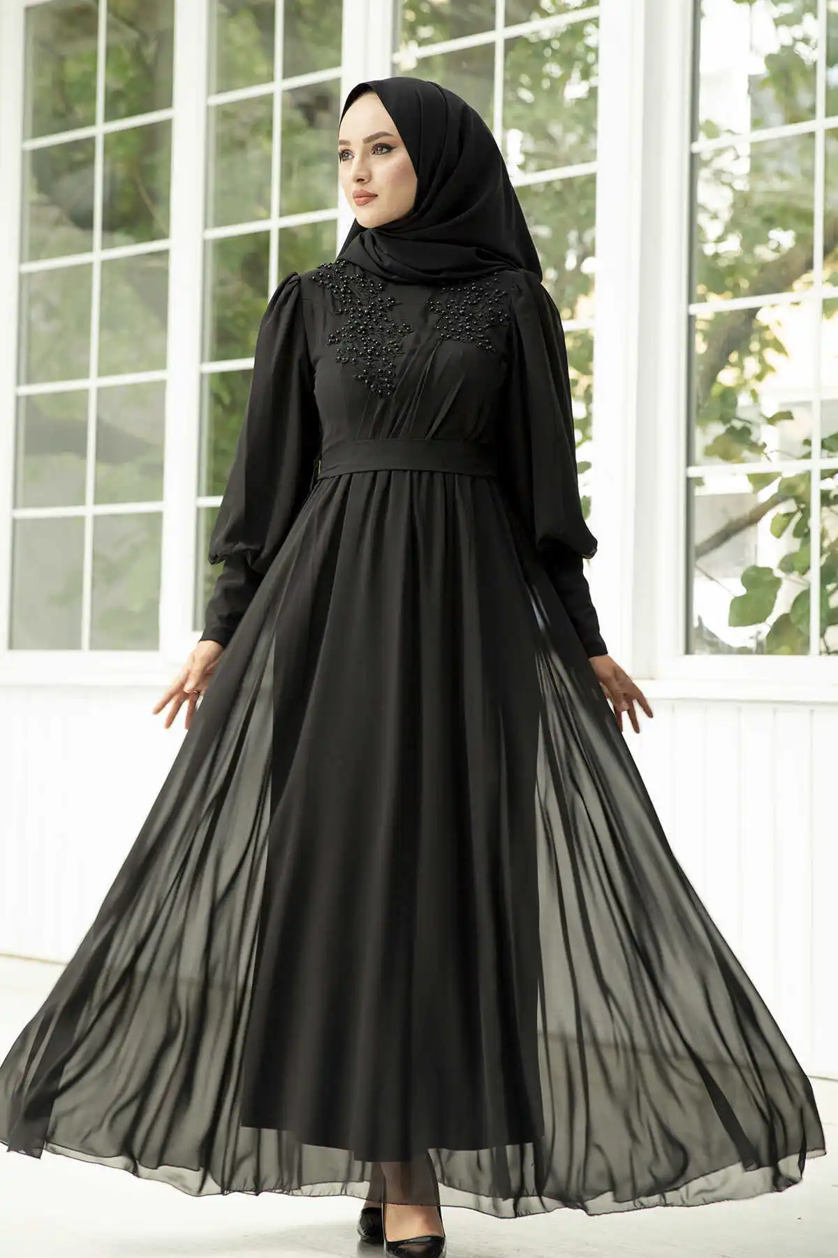 Шифоновое вечернее платье с жемчужинами, черное, зимнее, Осеннее, 2021, женский головной платок, Исламская Турция