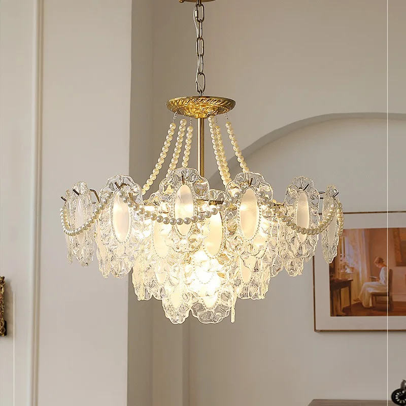 

French Pastoral Crystal Bedroom Chandelier LED Living Room Simple Warm Pearl Glass Creative Restaurant Lights Luxurious Lighting