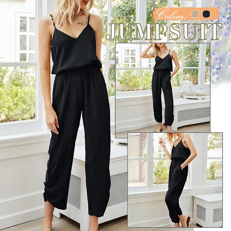 

New Women's Summer Jumpsuit Spaghetti Strap Sleeveless V Neck Loose Fit Suit