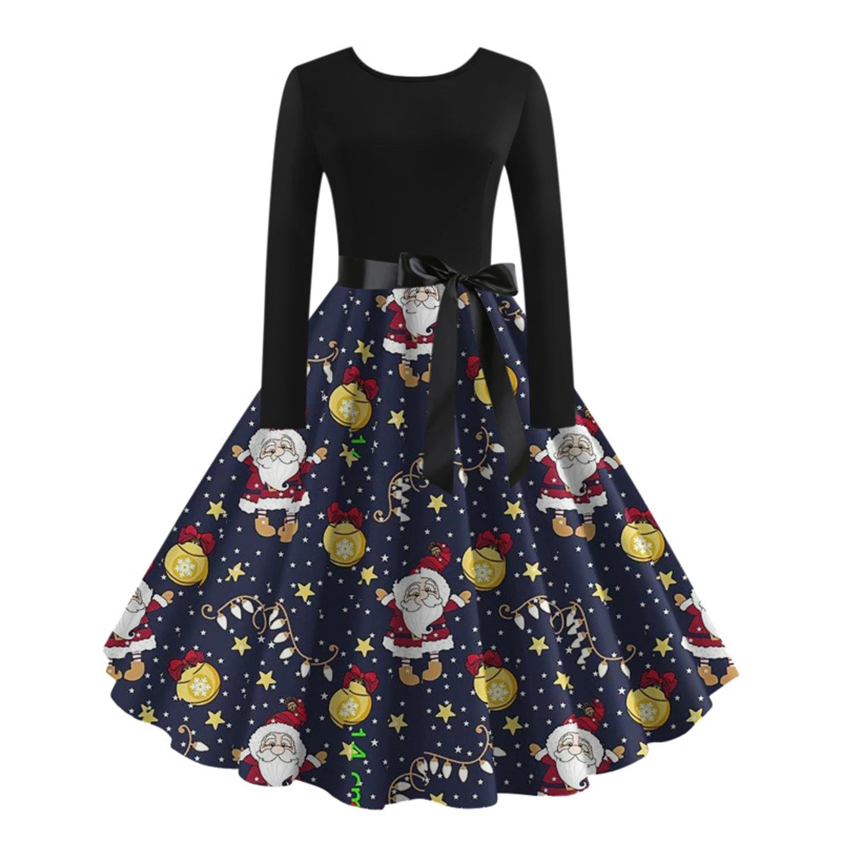 

Vintage Printed Party Dress Round Neck Long-sleeved Large Swing Dresses Women's Christmas Dress for Hoilday 2023 Winter New