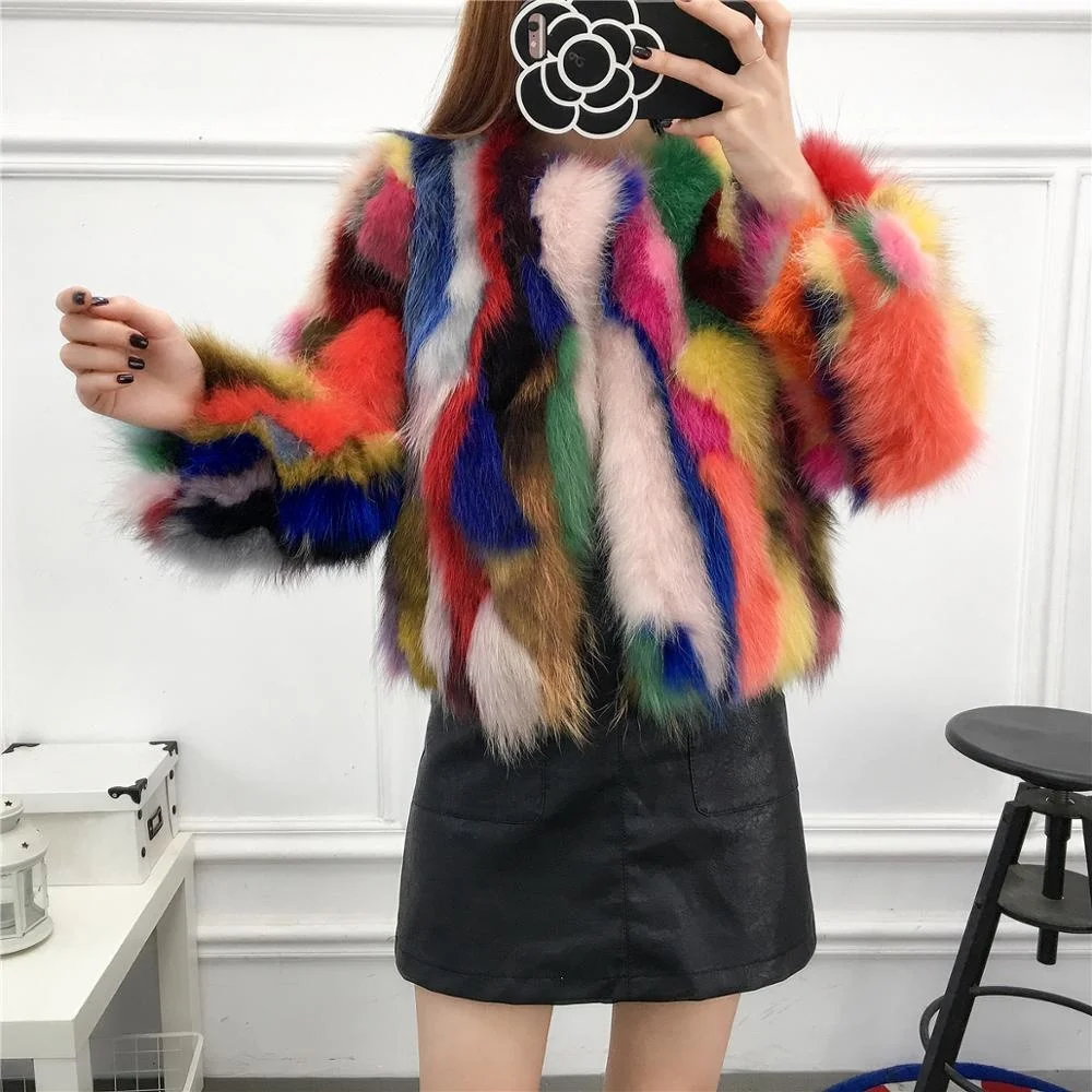 women's Real genuine New natural raccoon fur coat girl's multicolor colorful fashion jacket lady outwear warm winter