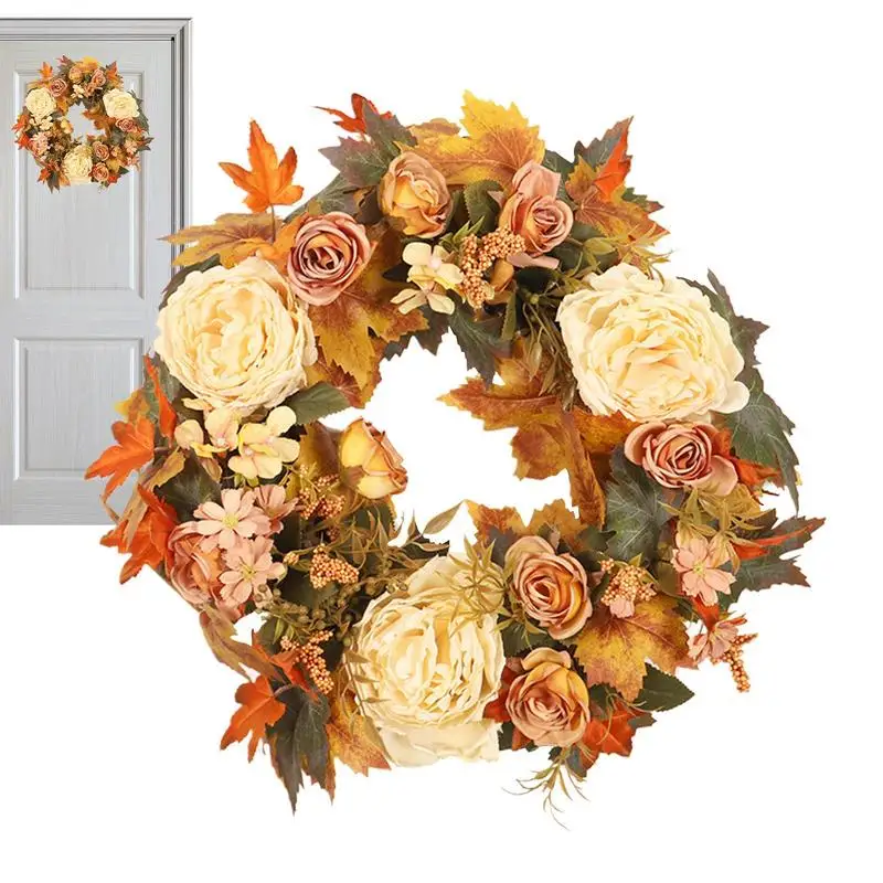 

Fall Floral Wreath Realist Autumn Wreath Decor 15.75inch Harvest Wreath Maples Leaf Peony Wreath For Thanksgiving Day Farmhouse