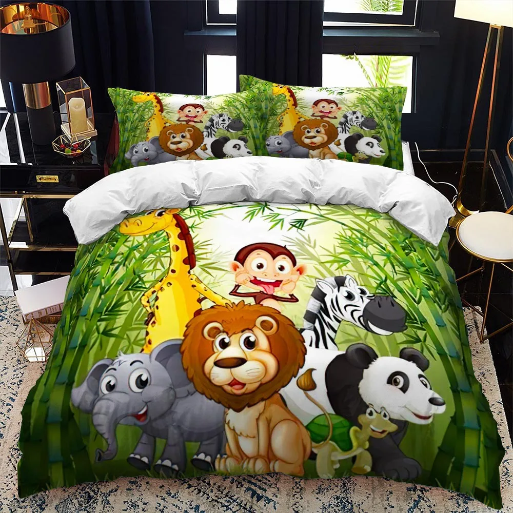 

Zoo Duvet Cover Set King Queen Size Animal In The Forest Cartoon Illustration Lion Panda Polyester Bedding Set for Kids Girl Boy