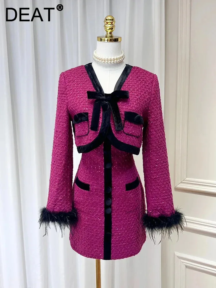 DEAT Твидовые комплекты из двух предметов для женщин манжеты с перьями бархатное
