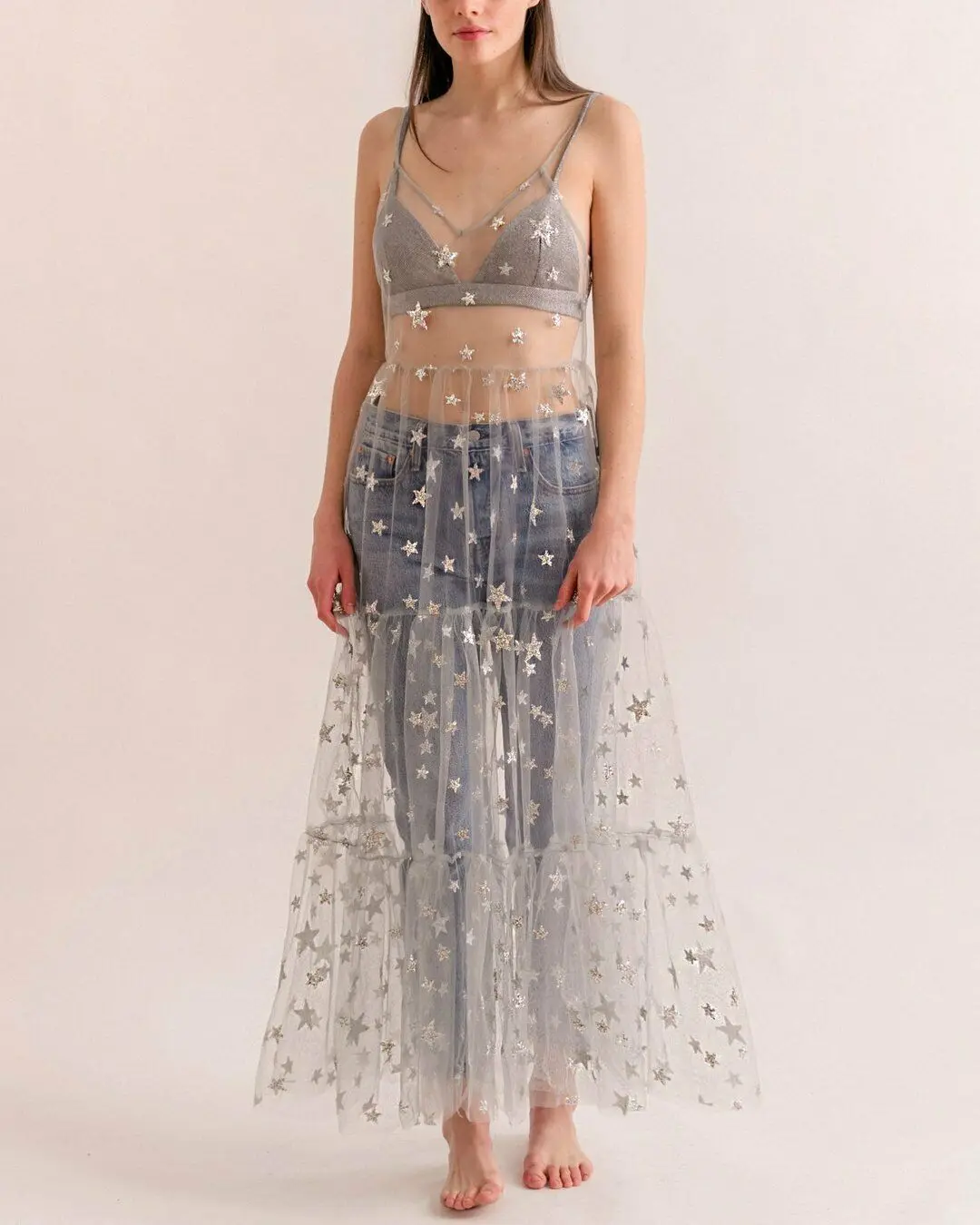 

2022 Women Spaghetti Straps Tulle Sexy Cover Up Long Dresses Mesh Sheer Bling Bling Star Hot Stamping See Through Pleated Dress
