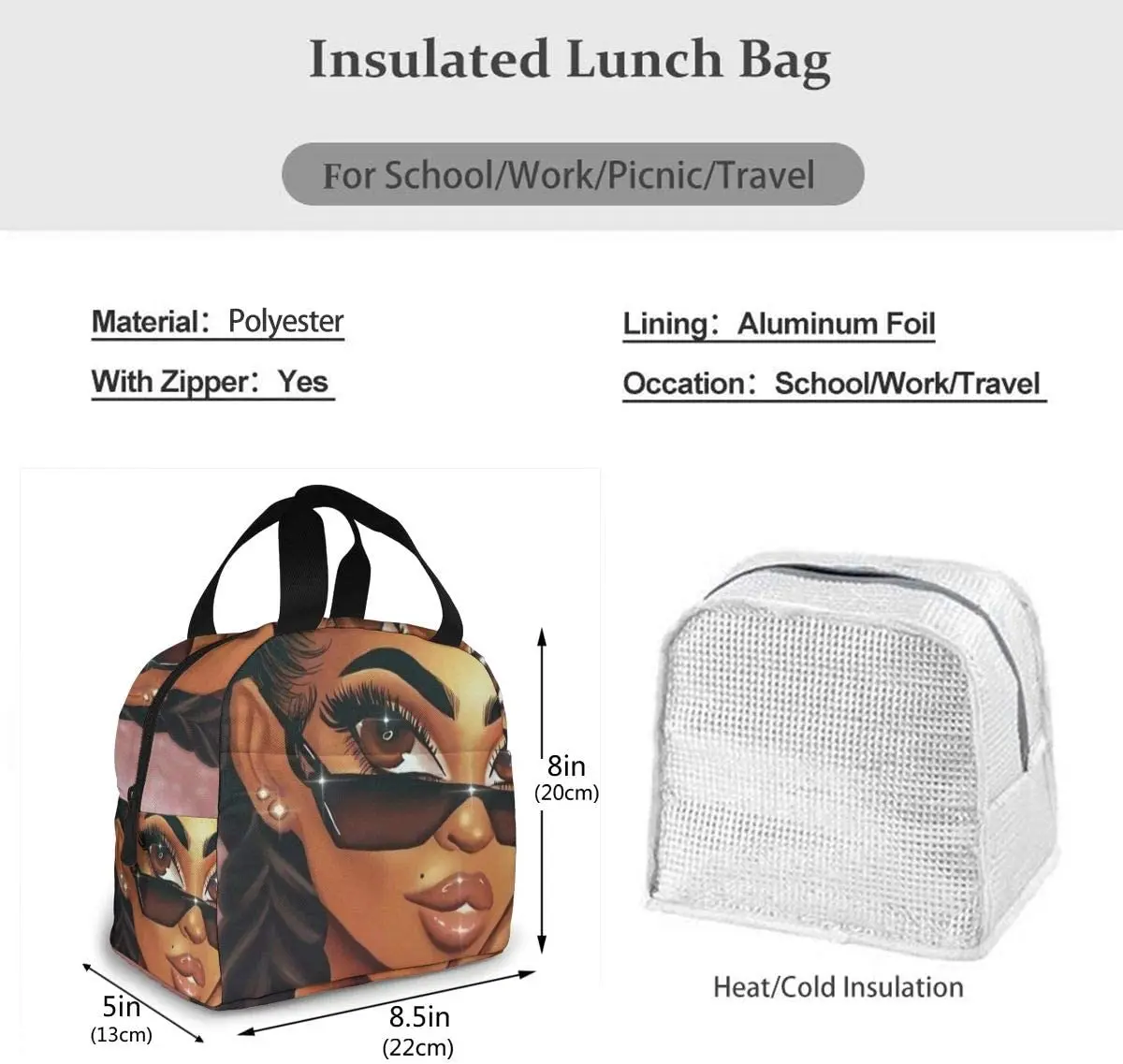 Сумка для обеда Африкано-американских девочек с черной кожей для женщин и детей с изолированным пикником, термохолодильником и милым бенто.