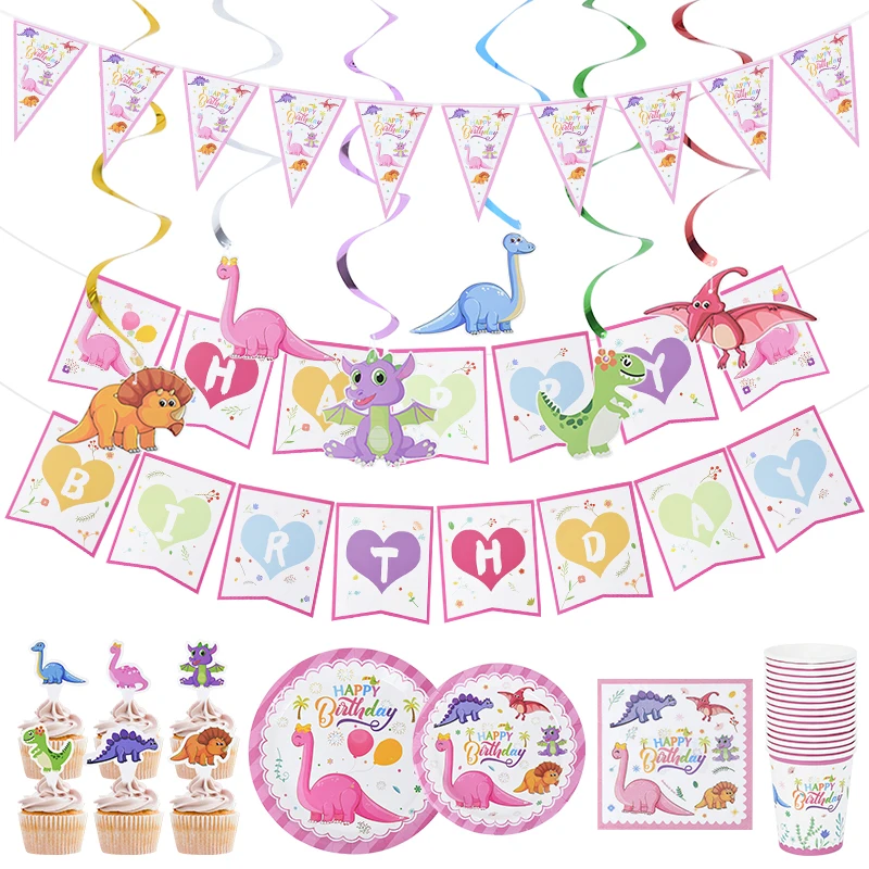 

1set Pink Dinosaur Disposable Tableware Birthday Baby Shower Theme Party Table Decoration Holiday Home Decoration Accessories