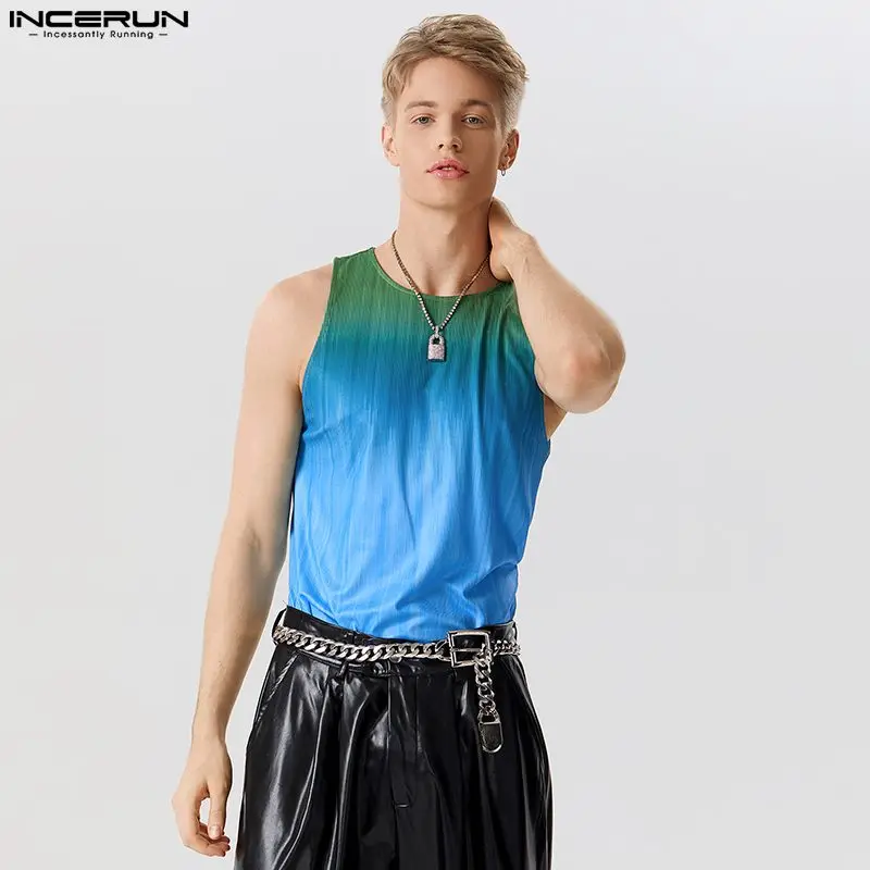 

Вечерние Стильные топы для ночных клубов INCERUN, мужские цветные градиентные майки, Повседневная Уличная одежда, свободный крой, удобный жилет, S-5XL