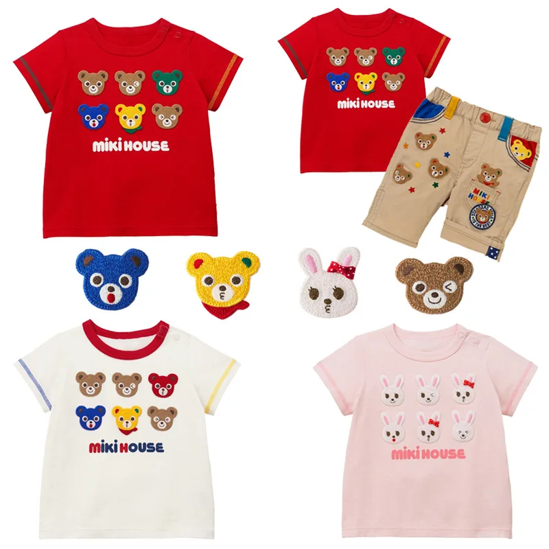 

Одежда для девочек, детская летняя хлопковая футболка с коротким рукавом, модная футболка с японским мультяшным медведем, кроликом для маль...