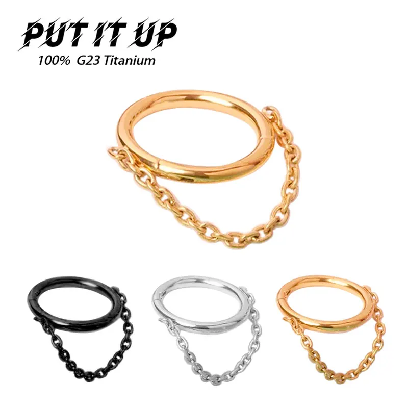 

G23 Titanium 16G Hinged Segment Hoop Earring TA1 Titanium Dangling Chain Nose Septum Piercing Clicker Ring Tragus Helix Jewelry