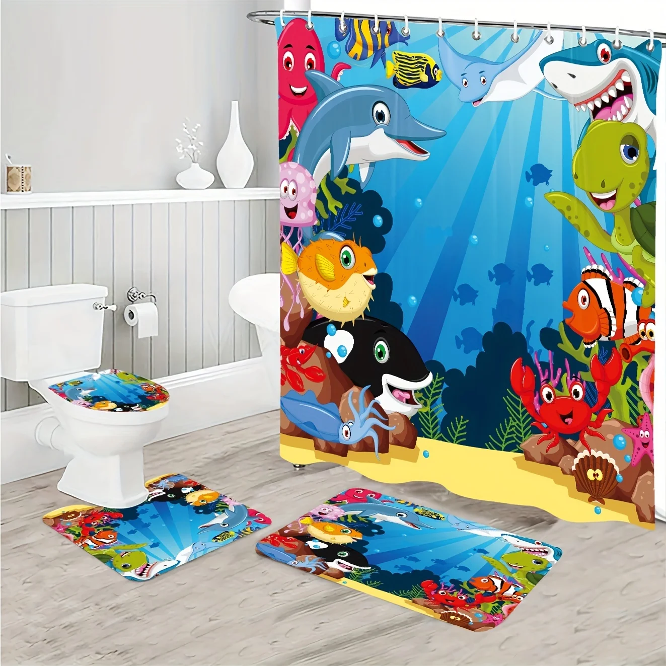 

4pcs/set Bathroom Cartoon Ocean Shower Curtain Bath Mat U Bath Rug Toilet Lid Cover Painted Shower With Waterproof Decor