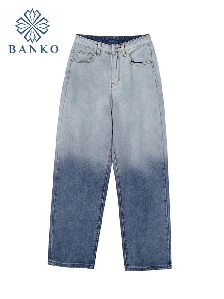 

Женские джинсовые брюки с широкими штанинами, повседневные Прямые брюки в стиле Харадзюку с градиентными цветами, модель Y2K на лето, 2021