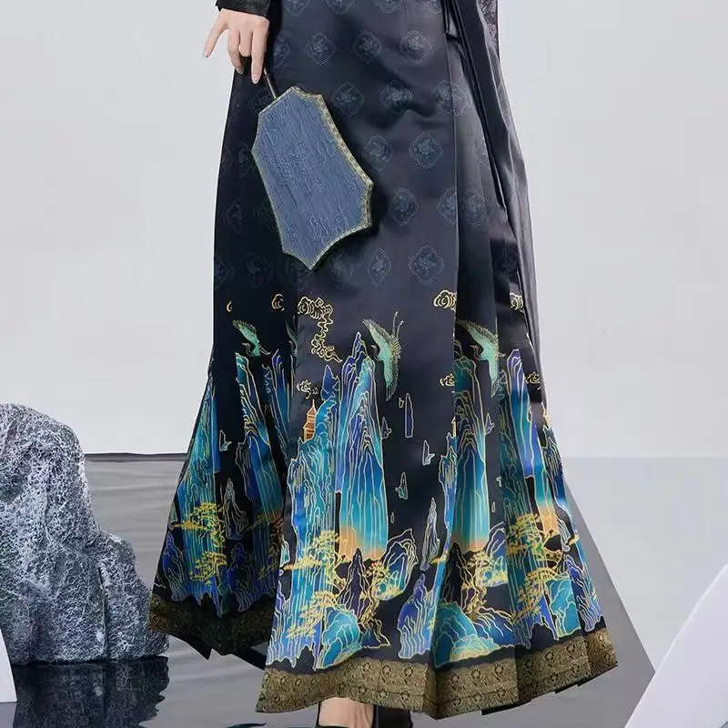 Элегантная синяя юбка с принтом династии Мин Высококачественная китайская