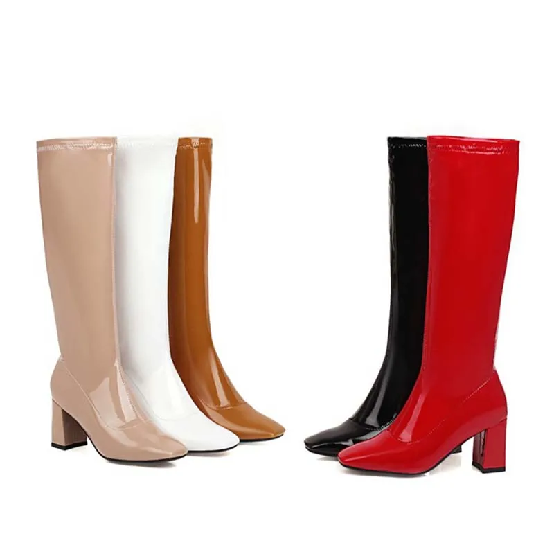 

Новинка 2022, Дизайнерские Сапоги из мягкой искусственной кожи, женская обувь, модные зимние Современные Сапоги до колена на квадратном каблу...