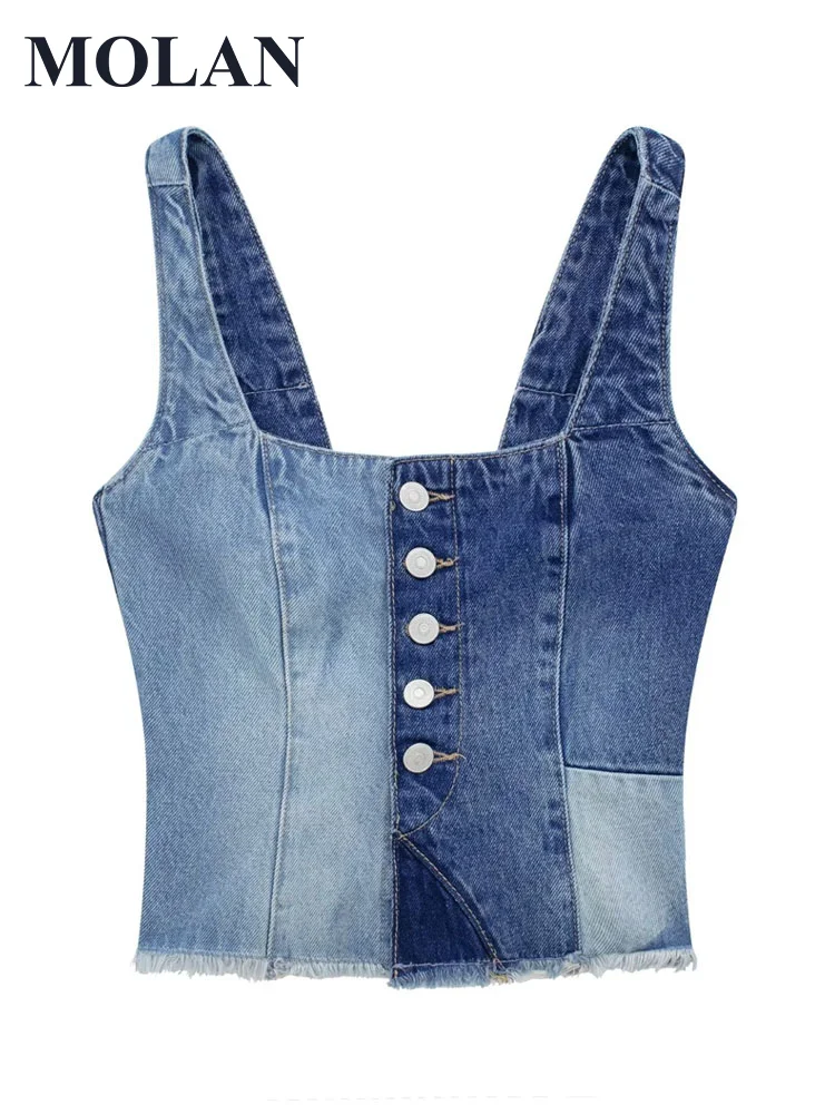 

MOLAN Patchwork Woman Strapless Denim Top Corset Sexy Fashion Front Button Party Club Lingerie Female Chic Camis Top