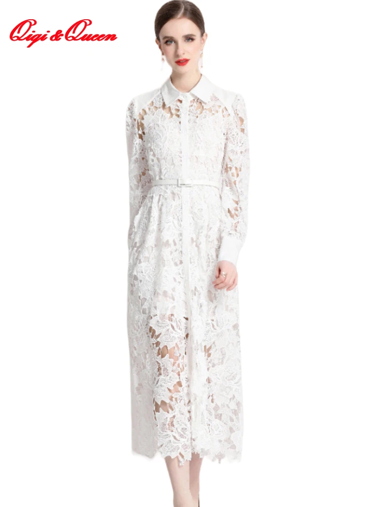 

Женское кружевное платье-трапеция Qiqi & queen, Европейское однобортное длинное платье с вырезами, Элегантное повседневное офисное платье белого цвета