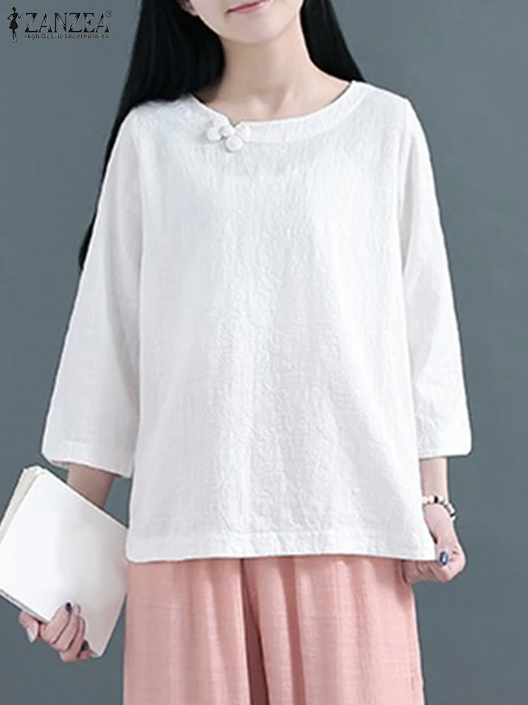

Vintage 3/4 Sleeve Solid Tops ZANZEA 2023 Autumn Blouse Women Casual Loose Cotton Shirt Female Elegant Work Party Blusas Chemise
