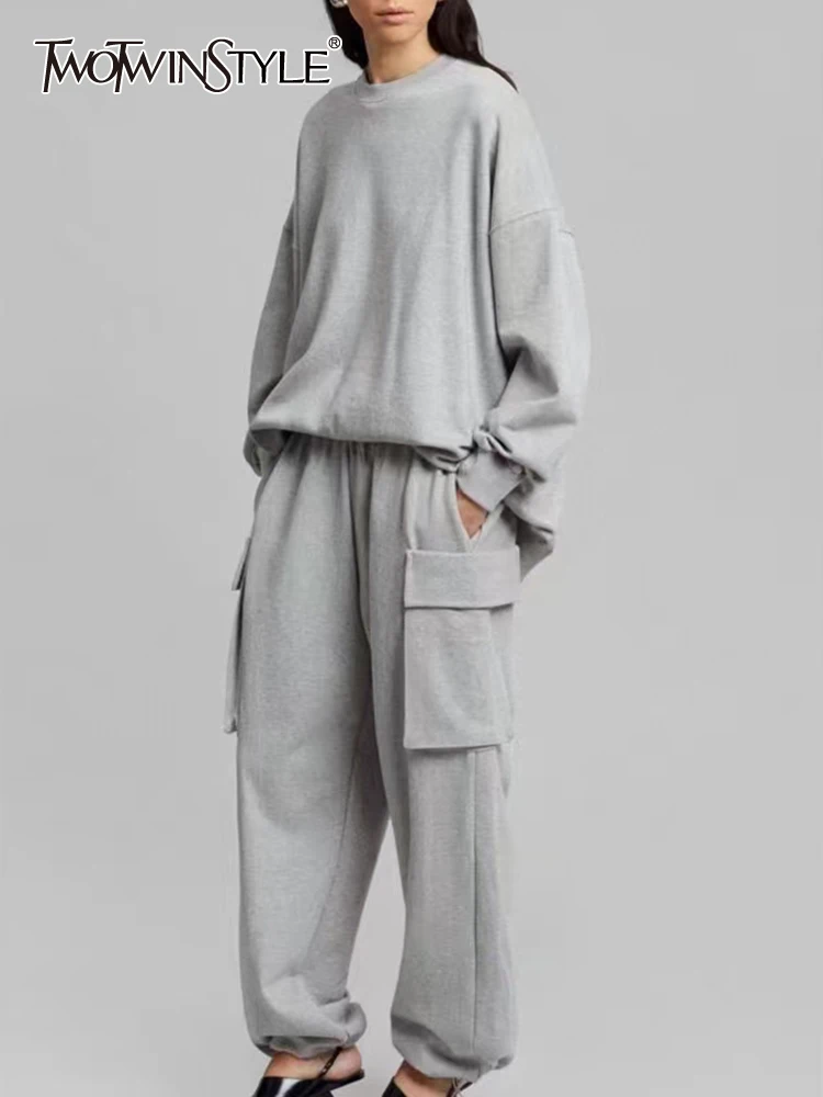 

TWOTWINSTYLE Solid Spliced Pockets Two Piece Sets For Women Round Neck Long Sleeve Tops High Waist Pants Loose Set Female New