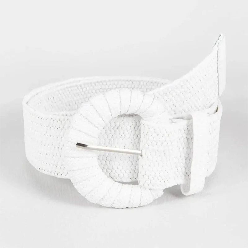 White Woven Summer Straw Belt with Round Buckle Khaki Woven Belt for Pants Dresses Boho Clothing Accessories for Women Waistband