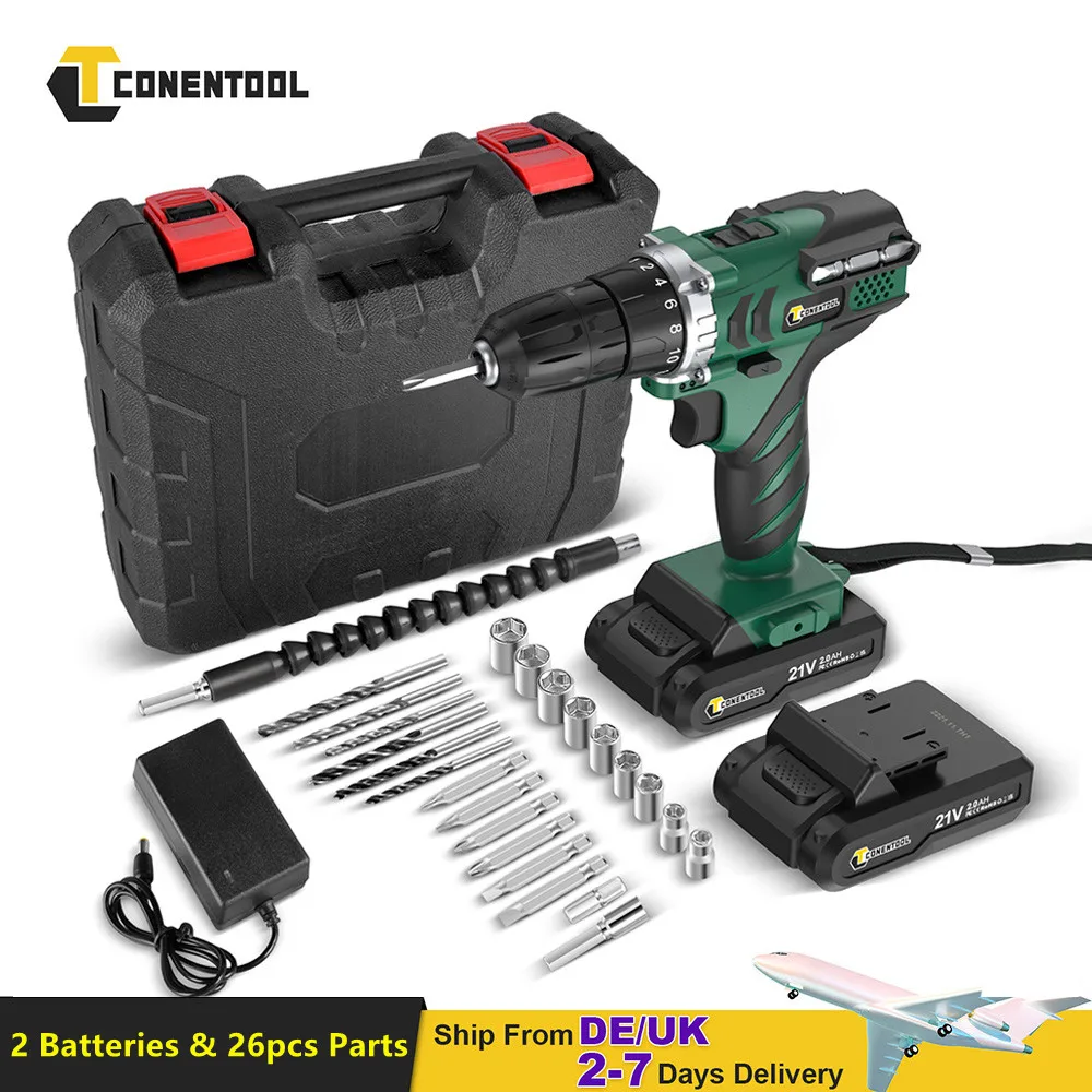 

Conentool 21V Electric Screwdriver Set 26pcs Cordless Drill Battery 2000mah Rechargeable Screwdriver Torque 18+1 Tools Kit