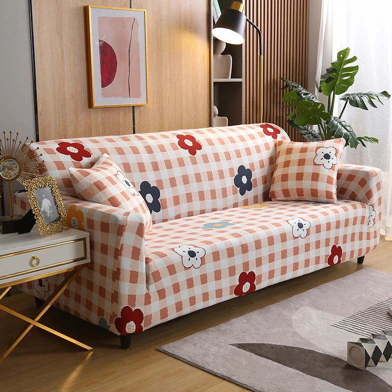 

Plaid Print Sofa Cover for Living Room Ins Flower Spandex Elastic Sectional Slipcovers L Shape Corner Couch Need Buy 2PCS Cover