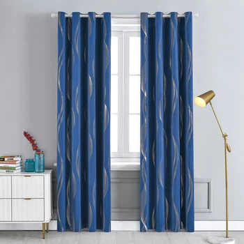 Thermal Insulated Blackout Curtains for Bedroom with Silver Print Wave Striped Pattern Black Out Drapes Light Blocking Panels