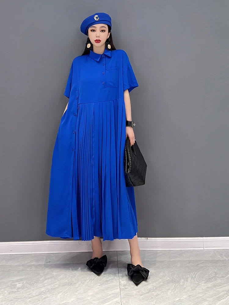 

SuperAen 2022 Spring New Fashion Casual Turn Down Collar Shirt Loose Pleated A-LINE Dress for Women