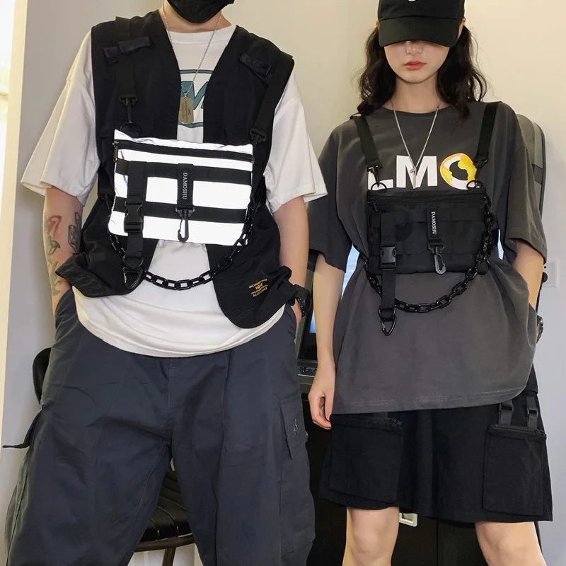 High Quality Nylon Unisex Acrylic Chain Chest Pack Fashion Reflective Design Tactical Chest Bag Hip-hop Streetwear Vest Backpack