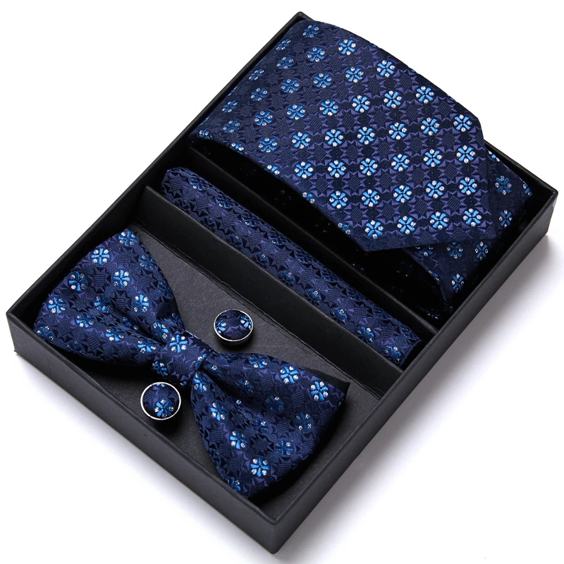 

Jacquard High Grade Many Color Festive Present Bow Tie Handkerchief Pocket Squares Cufflink Set Necktie Box Sliver Man's
