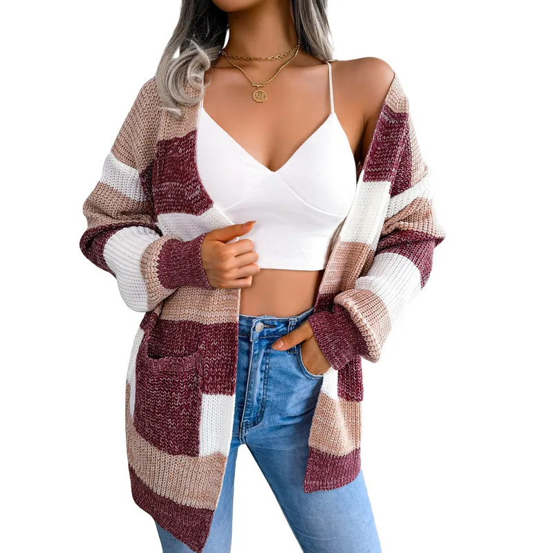 

Женский трикотажный кардиган с длинным рукавом, в полоску