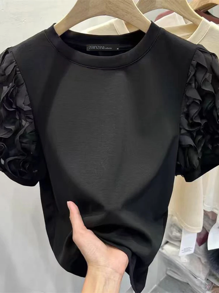 Блузка ZANZEA женская с коротким рукавом-фонариком однотонная винтажная туника