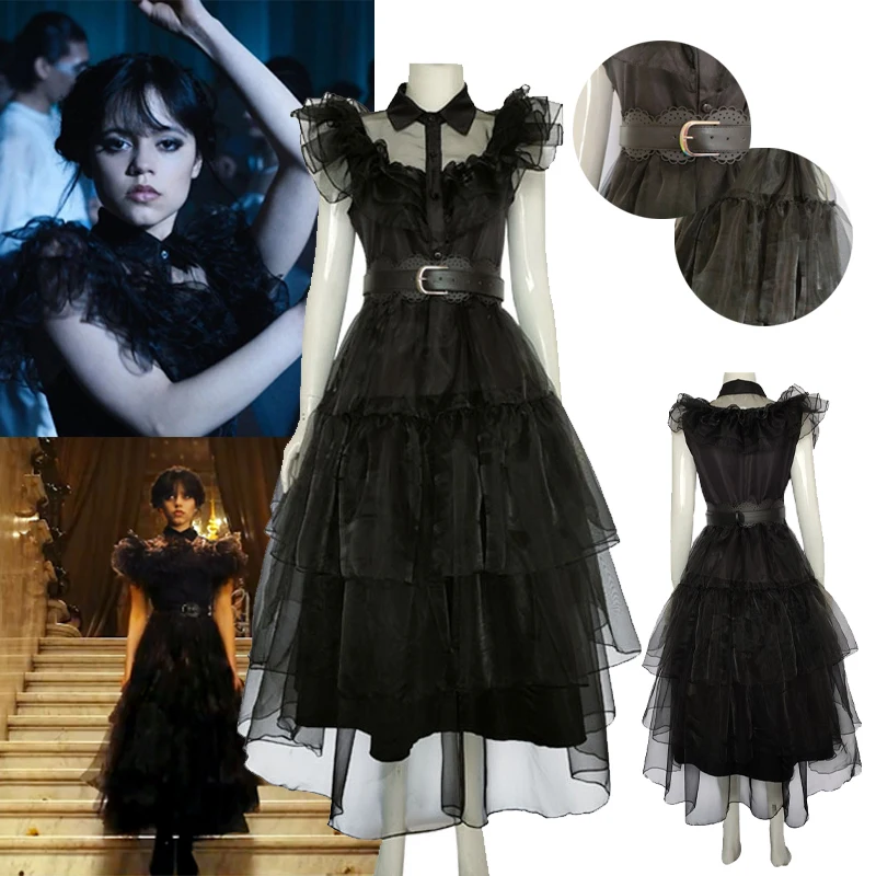 Kids Adult Wednesday Addams Cosplay Costume Black Prom Dress Wednesday Cosplay Halloween Carnival Dancing Party Suit for Girls