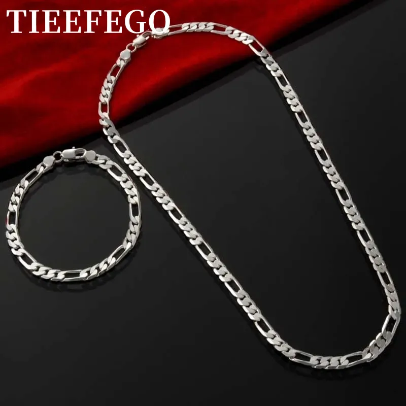 

TIEEFEGO 925 Sterling Silver 4MM Figaro Chain For Men Women Bracelet Necklace Jewelry Set Fashion Christma Gifts Charms Wedding