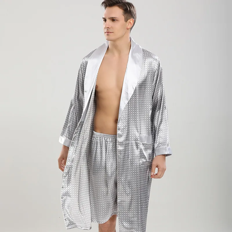 

Spring And Autumn Men's Grey Imitation Silk Bathrobe Japanese Home Long Pajamas + Shorts Set Men's Silk Long Pajamas S-3xl