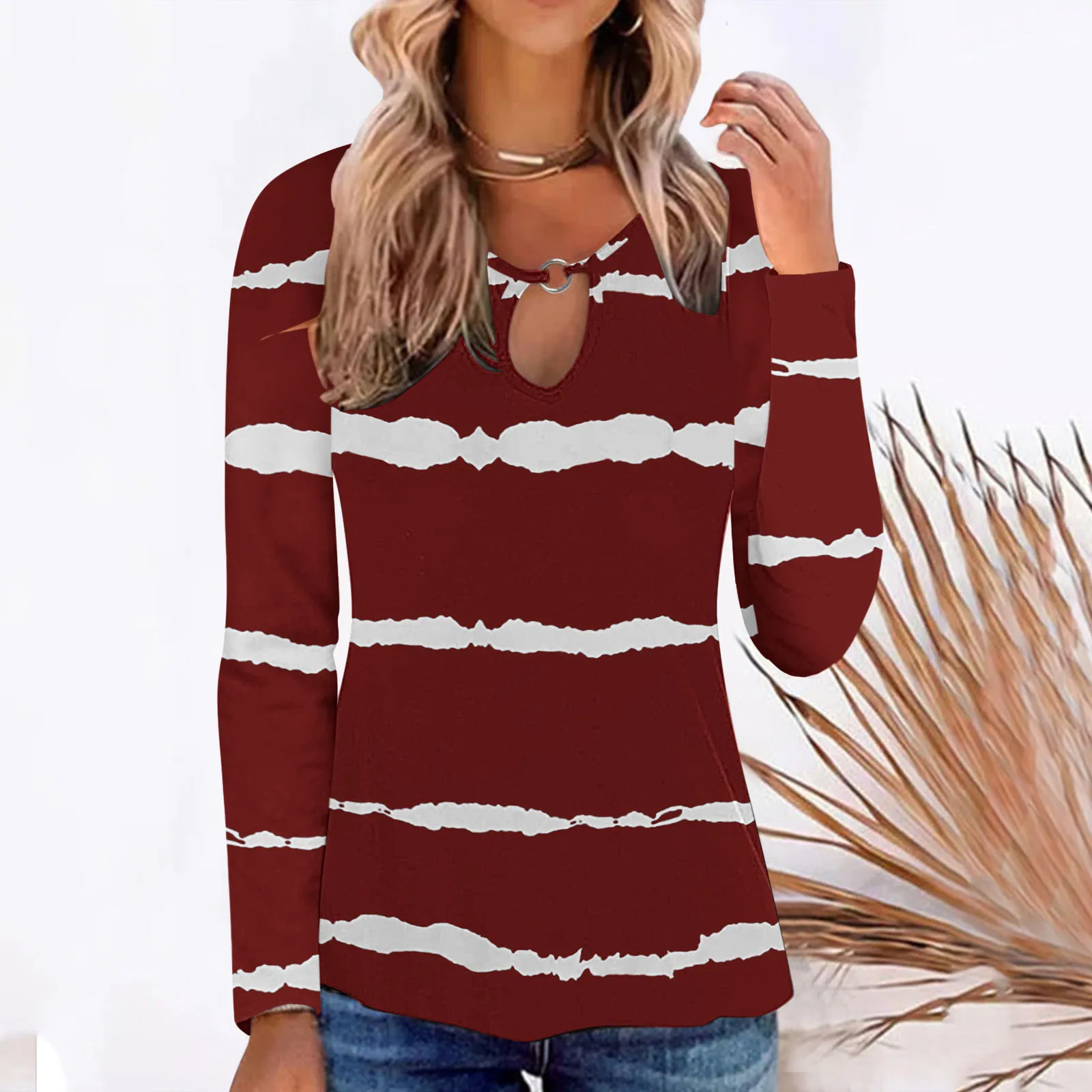 

Женские повседневные полосатые футболки с вырезами, блузки с круглым вырезом и длинным рукавом, топы, платья, блузки, женский топ с V-образны...