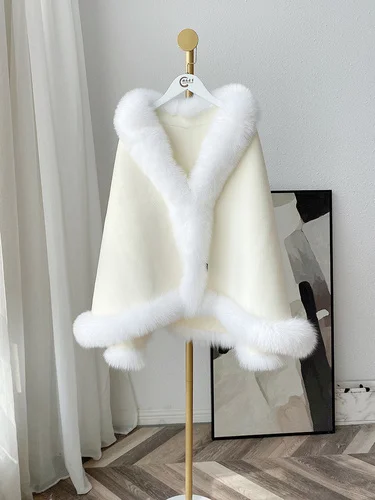 

genuine brand 2023 New Luxury Winter Jacket Women Ponchos Natural Real Fox Fur Collar Cashmere Wool Blends Coat Thick Warm Fashi