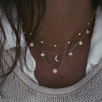 fashion women lady personality full diamond moon pentagram pendant necklace party retro clavicle chain jewelry