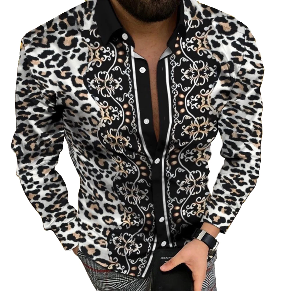 

Men Leopard Print Button Down Muscle Fitness Shirts Baroque Long Sleeve Party Dress Up Clubwear Party Shirts Clothes