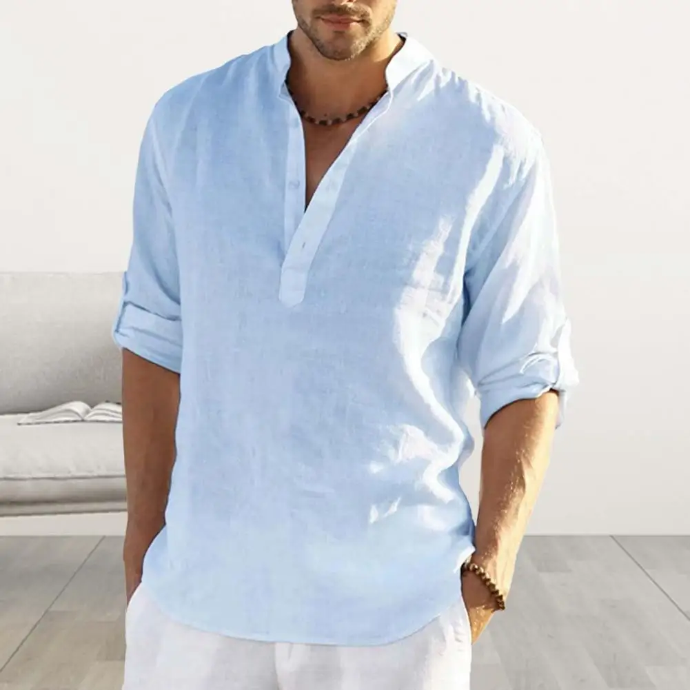 

V-Neck Buttons Half Placket Long Sleeve Men Shirt Solid Color Loose Casual T-Shirt