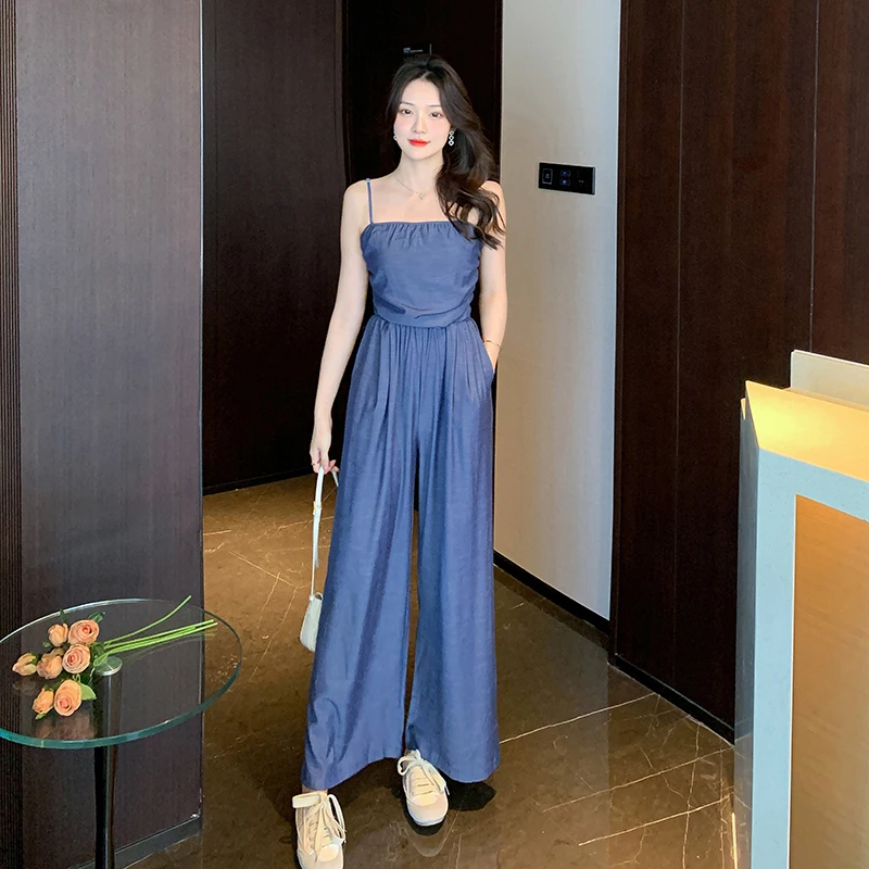 

Корейский модный летний женский комбинезон, облегающие широкие брюки, простой новый стиль ретро, драпированные Длинные Комбинезоны 2023