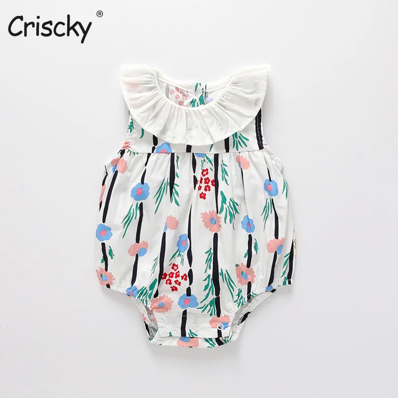 Criscky Infant Baby Girls Spring Sleeveless Flower Peter Pan Collar Bodysuits Flower Newborn Jumpsuits Toddler Clothes