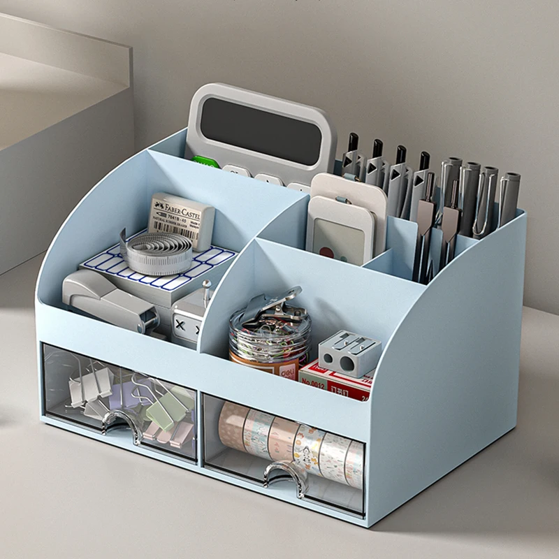 

High Quality Stationery Storage Box Pen Holder With Drawers Desktop Organizer Student Desk Office Multi Grid Debris Sorting