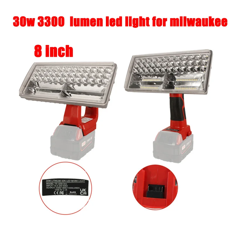 

8 inch 30W LED Lamp For Milwaukee M18 18V Li-Ion Battery Indoor Outdoor LED Working Light Spotlight Portable Flashlight With USB