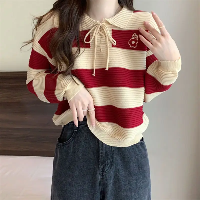 

Striped Fashion Women Sweaters 2023 Autumn Winter Pullovers Korean Knitwears Long Sleeve Lace-up Knit Top Vintage Ladies Sweater