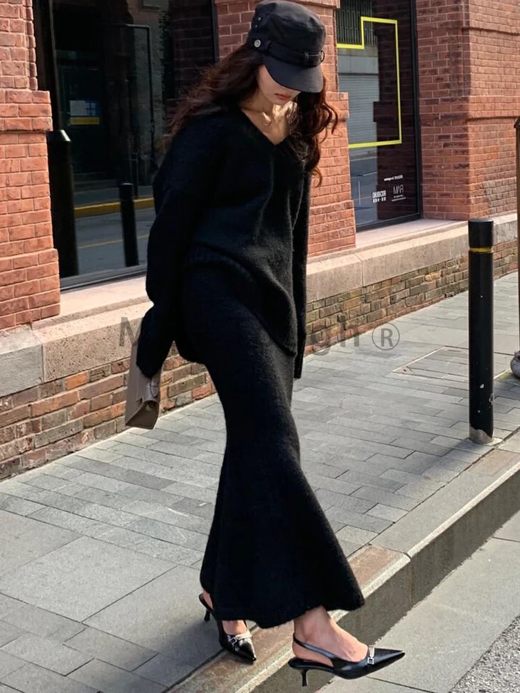 Осенне-зимний вязаный элегантный комплект из 2 предметов в стиле ретро женский