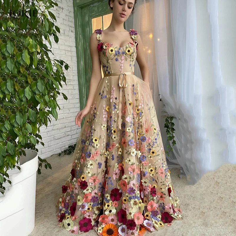 

LORIE Deep Brown Appliques A-Line Prom Party Gowns 3D Flowers Straps Bow Ribbons Belt Graduate Evening Dresses Lace Formal Dress