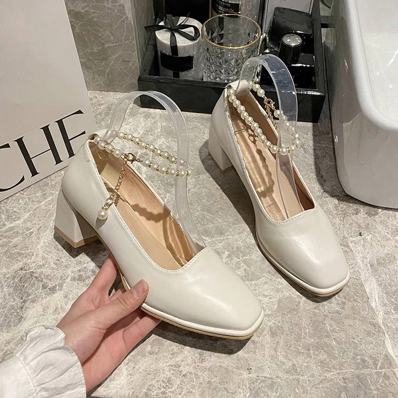

Beige High Heels Shoes Sandals Ladies Shallow Mouth Square Toe Branded Pumps Basketball Platform Sweet 12cm African 3cm Fashion