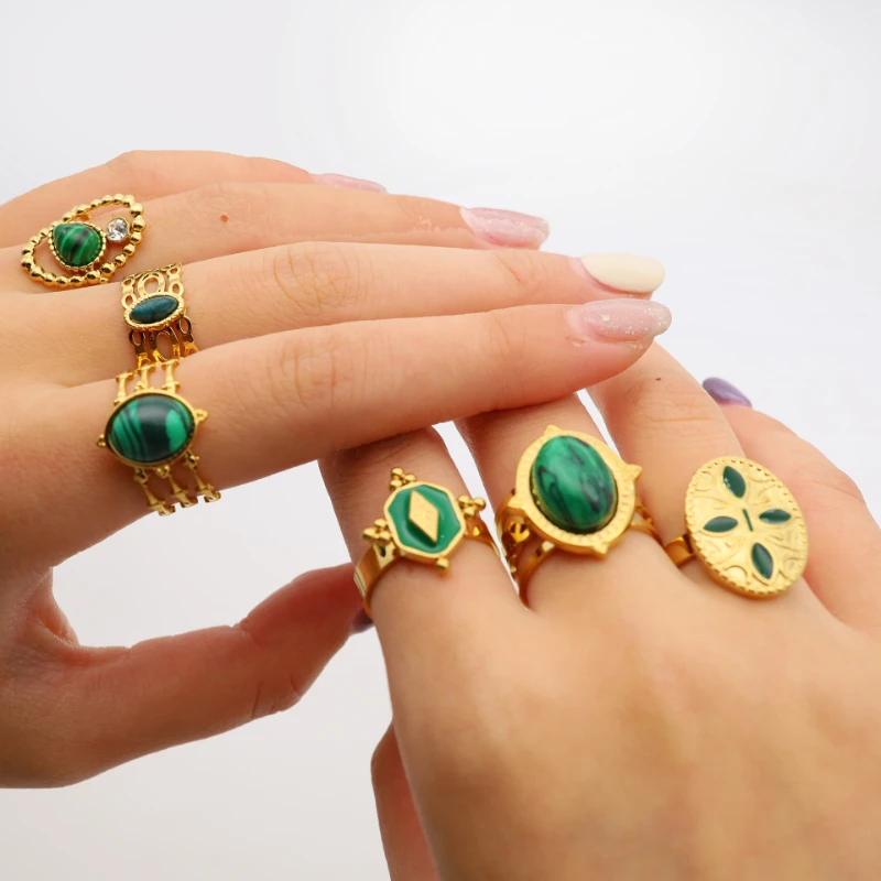 

Geometric Green Natural Stone Dripping Oil Rings Trendy Gold Color Open Adjustable Ring for Women Statement Jewelry