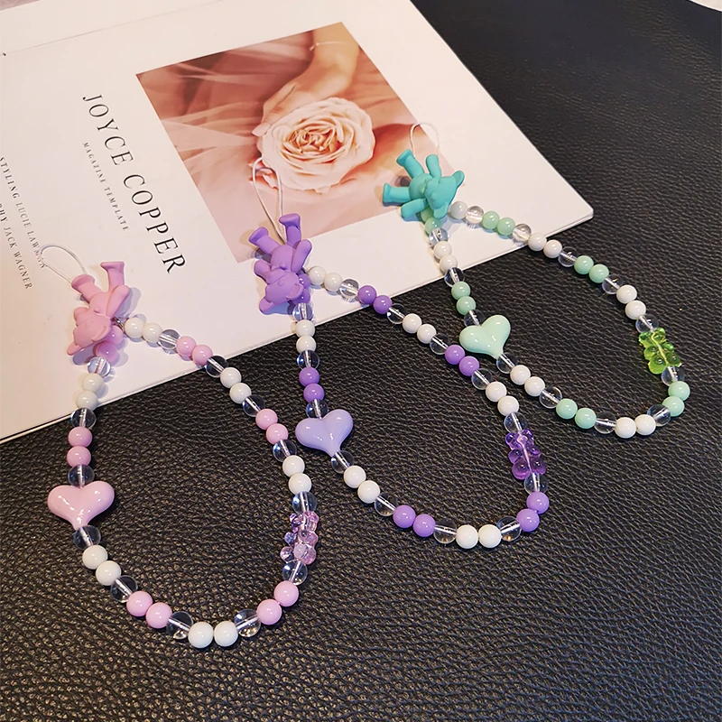 

Cute Bear Handmade Beaded Pendant Mobile Phone Lanyard Short Wrist Strap Pendant Ball Bead Pendant Women's Anti-lost Lanyard Key